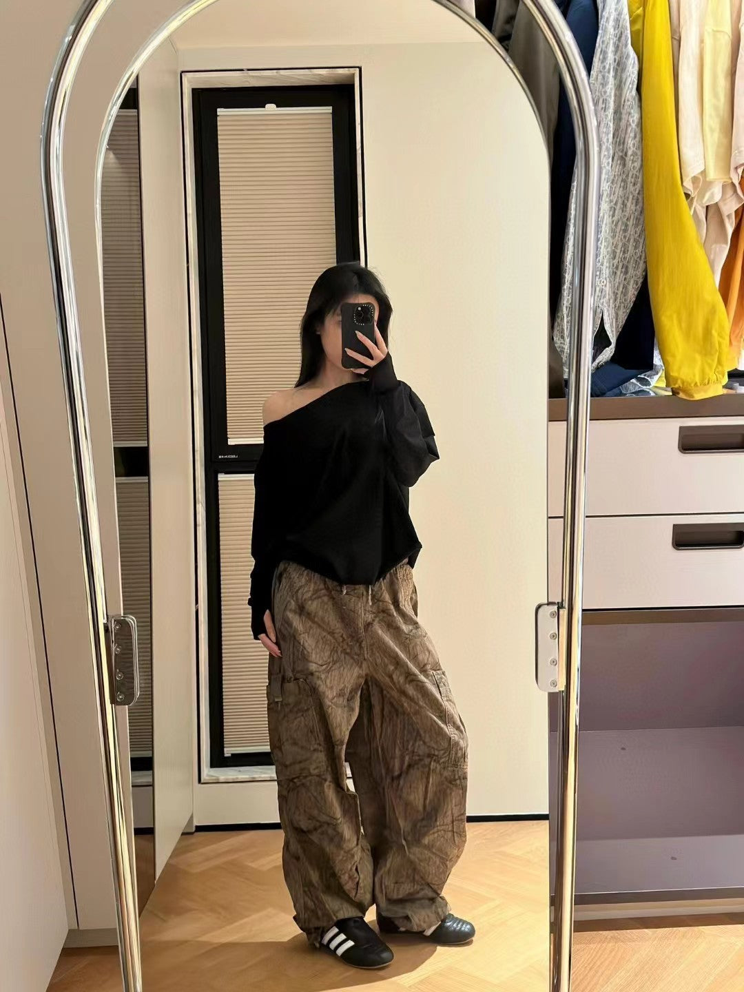 Brown Texture Print Parachute Pants