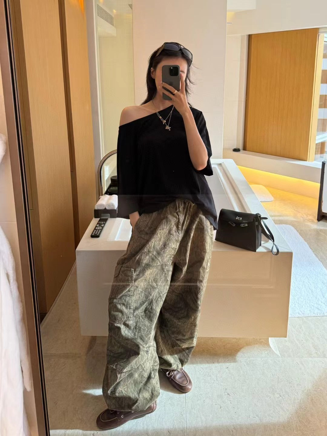 Brown Texture Print Parachute Pants