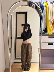 Brown Texture Print Parachute Pants