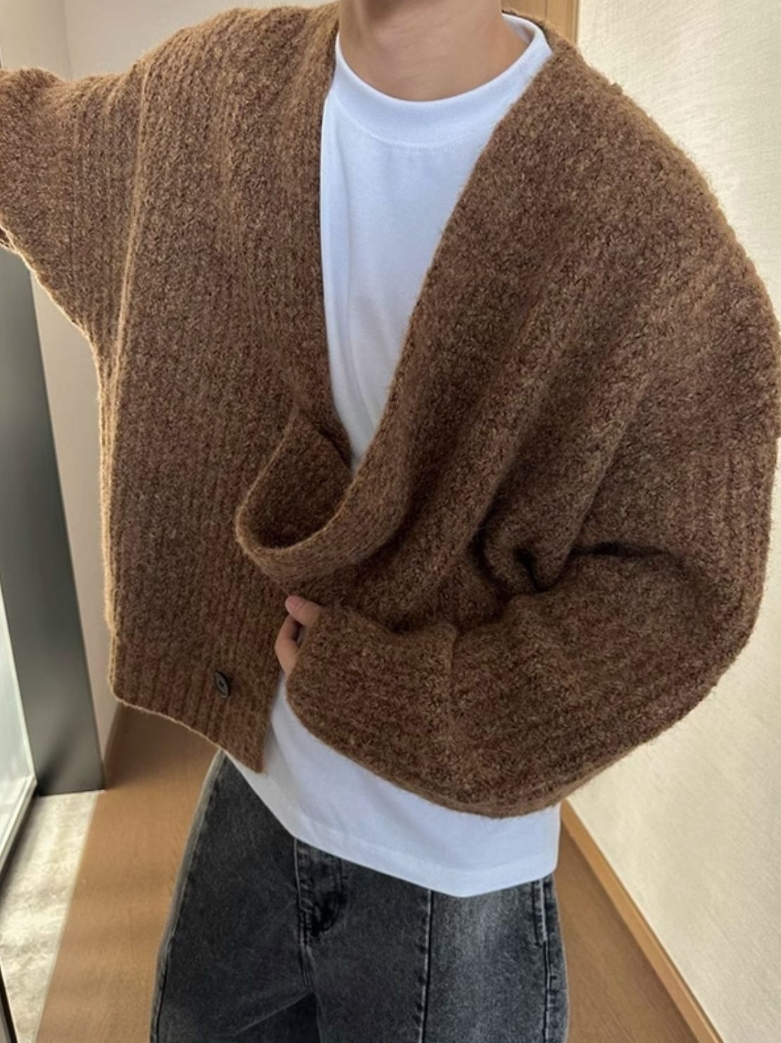 Brown Thick Ribbed Cardigan
