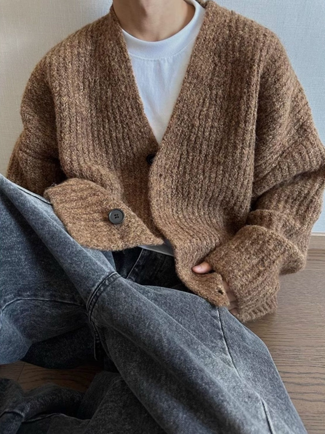 Brown Thick Ribbed Cardigan
