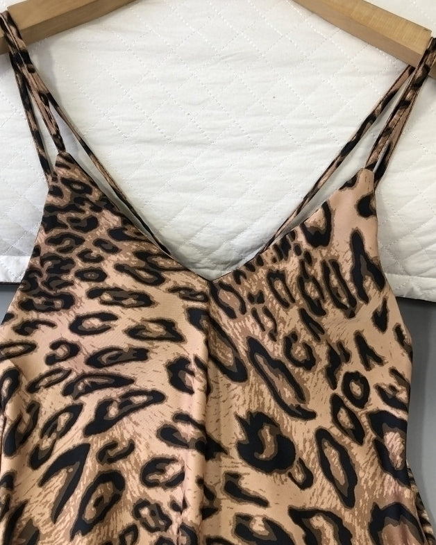 Brown V-Neck Sling Leopard Dress