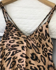 Brown V-Neck Sling Leopard Dress