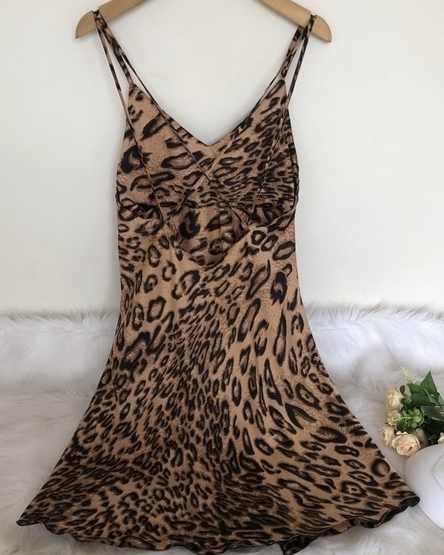 Brown V-Neck Sling Leopard Dress
