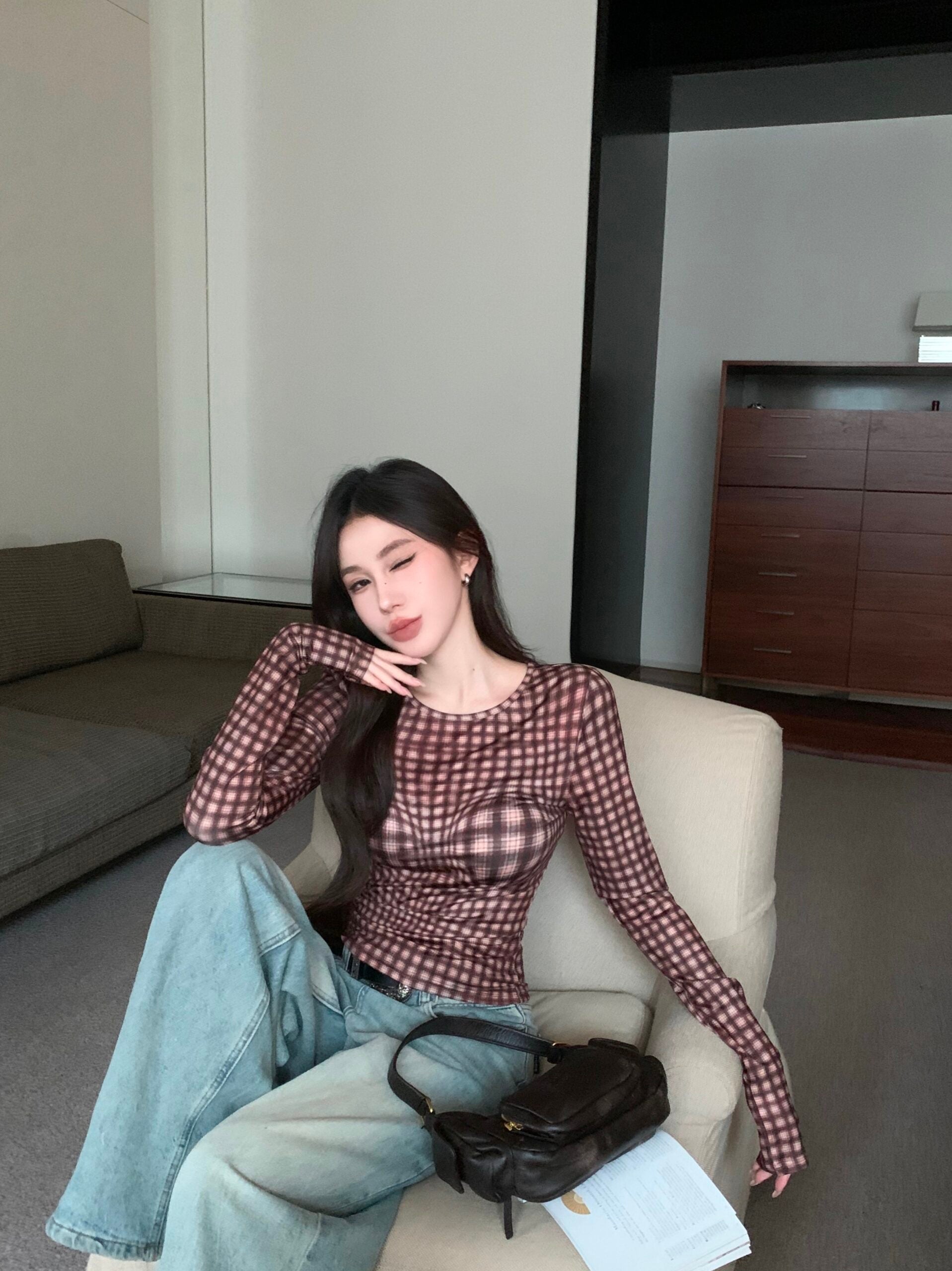 Brown Warped Plaid Sheer Top