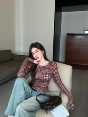 Brown Warped Plaid Sheer Top