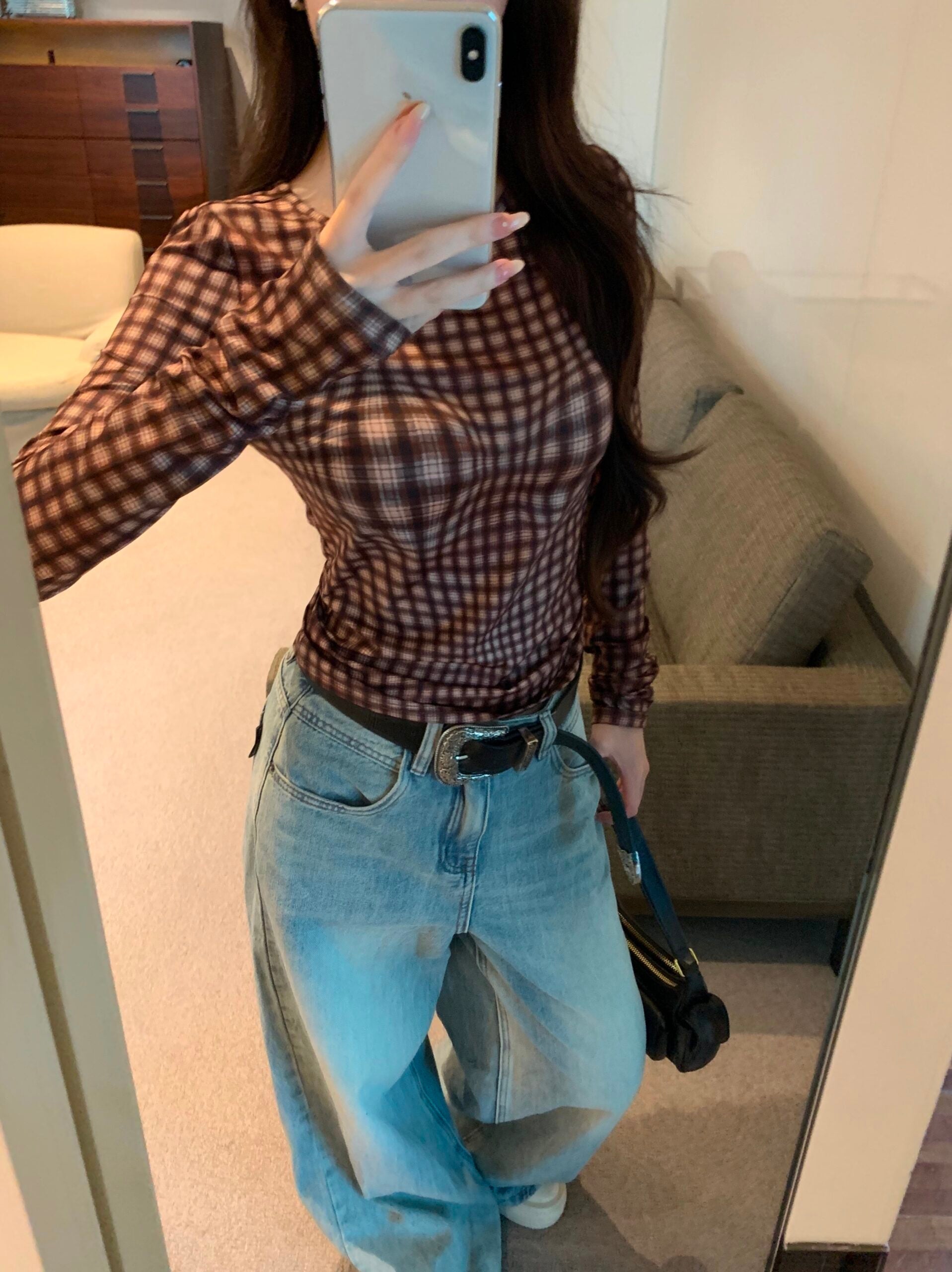 Brown Warped Plaid Sheer Top