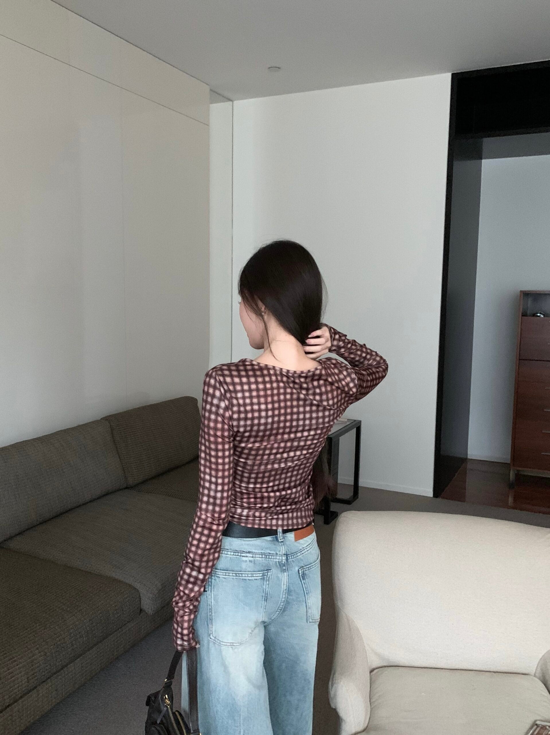 Brown Warped Plaid Sheer Top