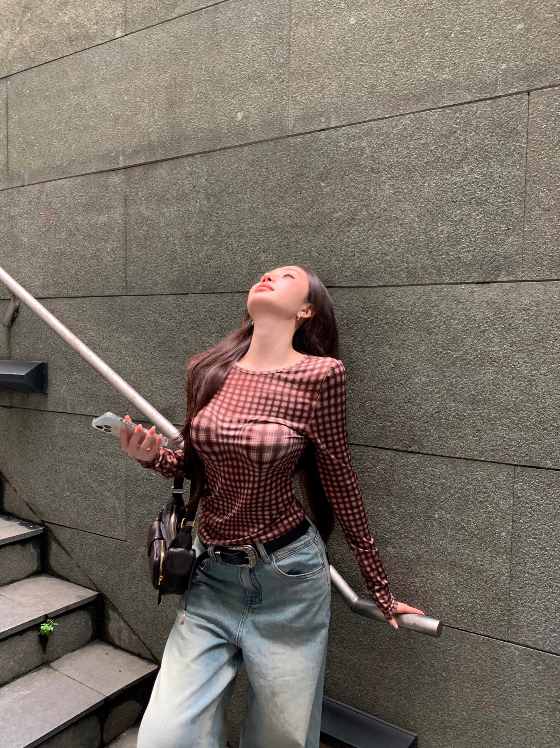 Brown Warped Plaid Sheer Top