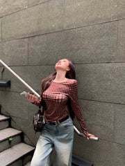 Brown Warped Plaid Sheer Top