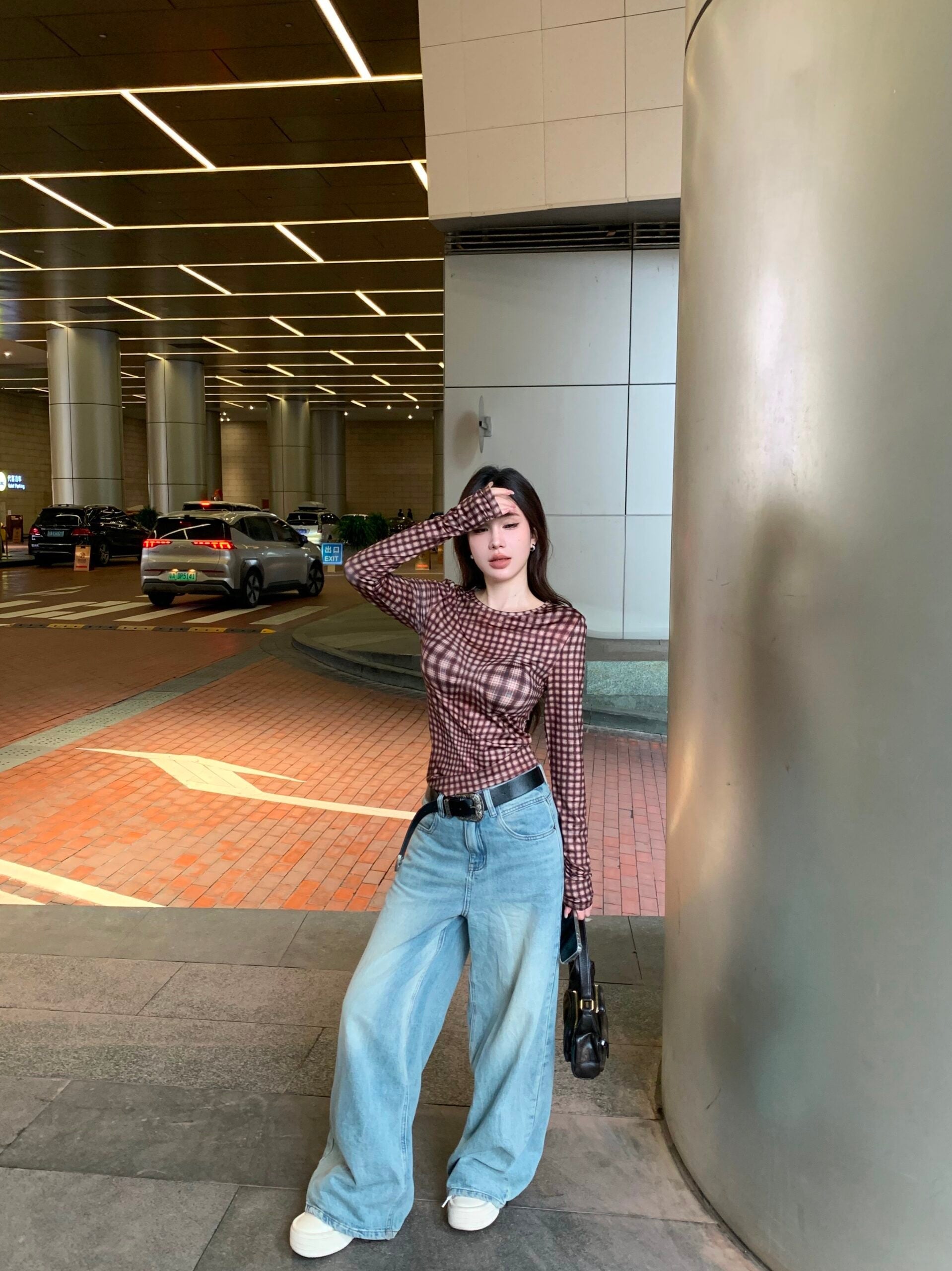 Brown Warped Plaid Sheer Top