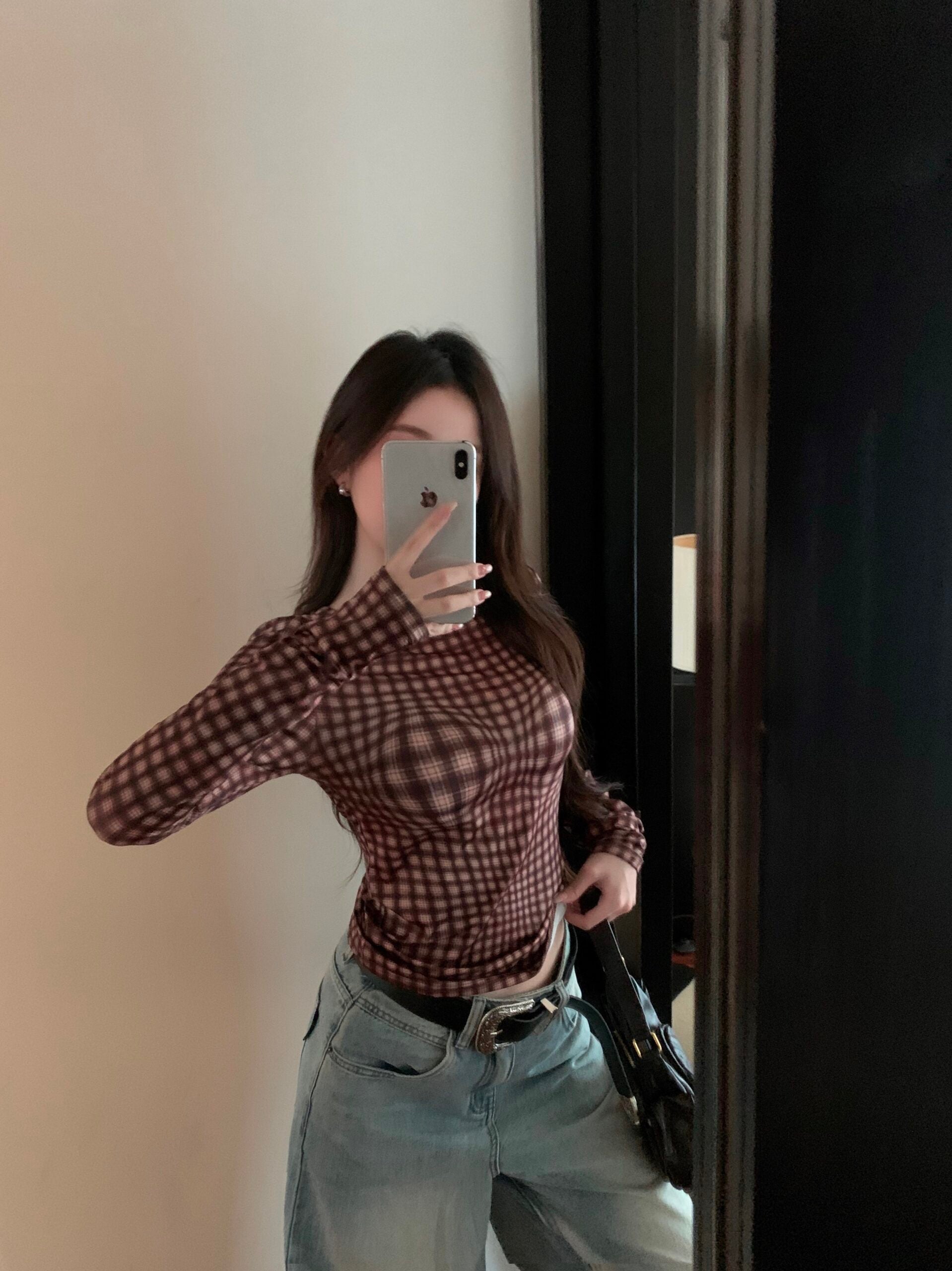Brown Warped Plaid Sheer Top
