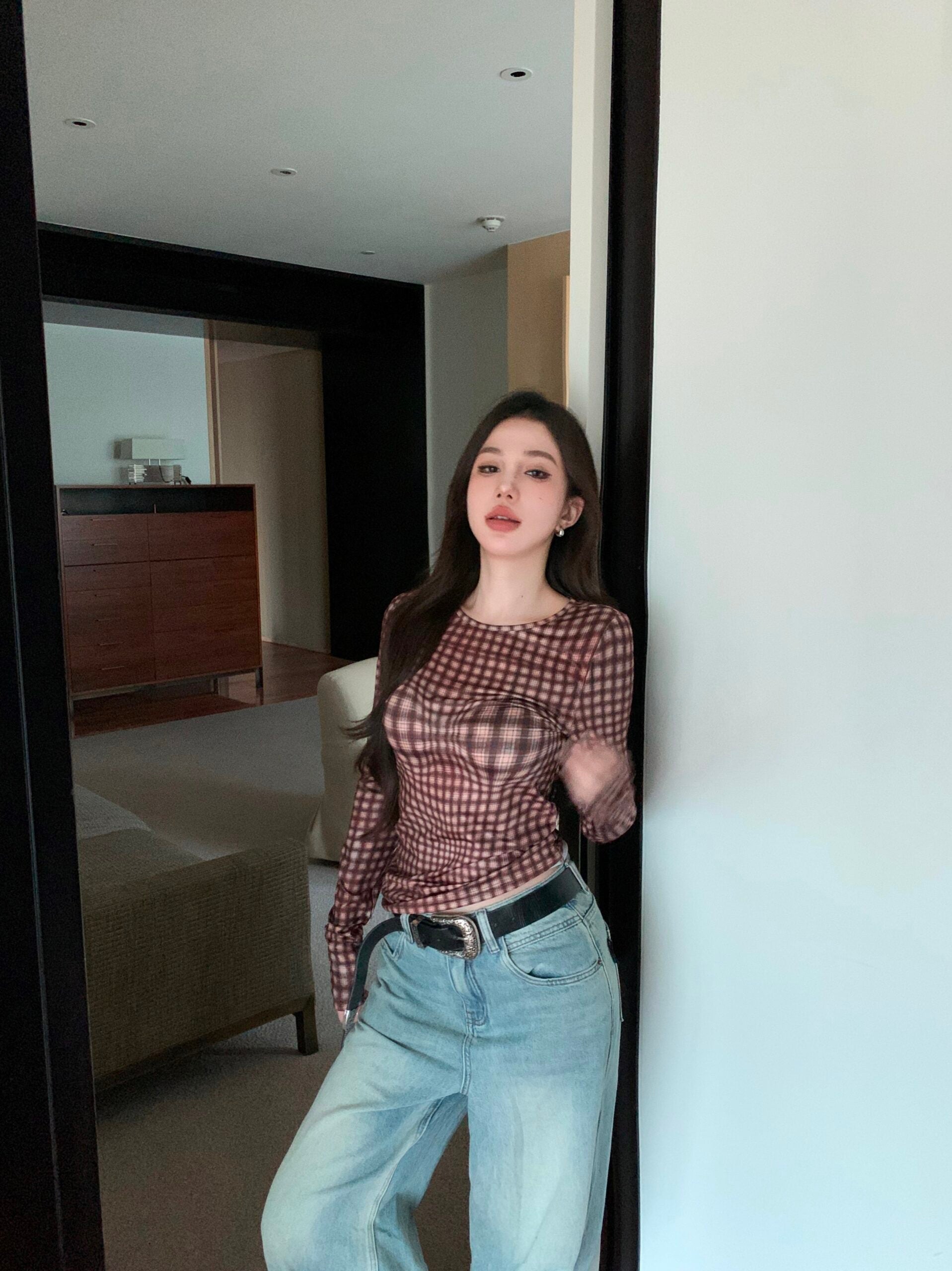 Brown Warped Plaid Sheer Top