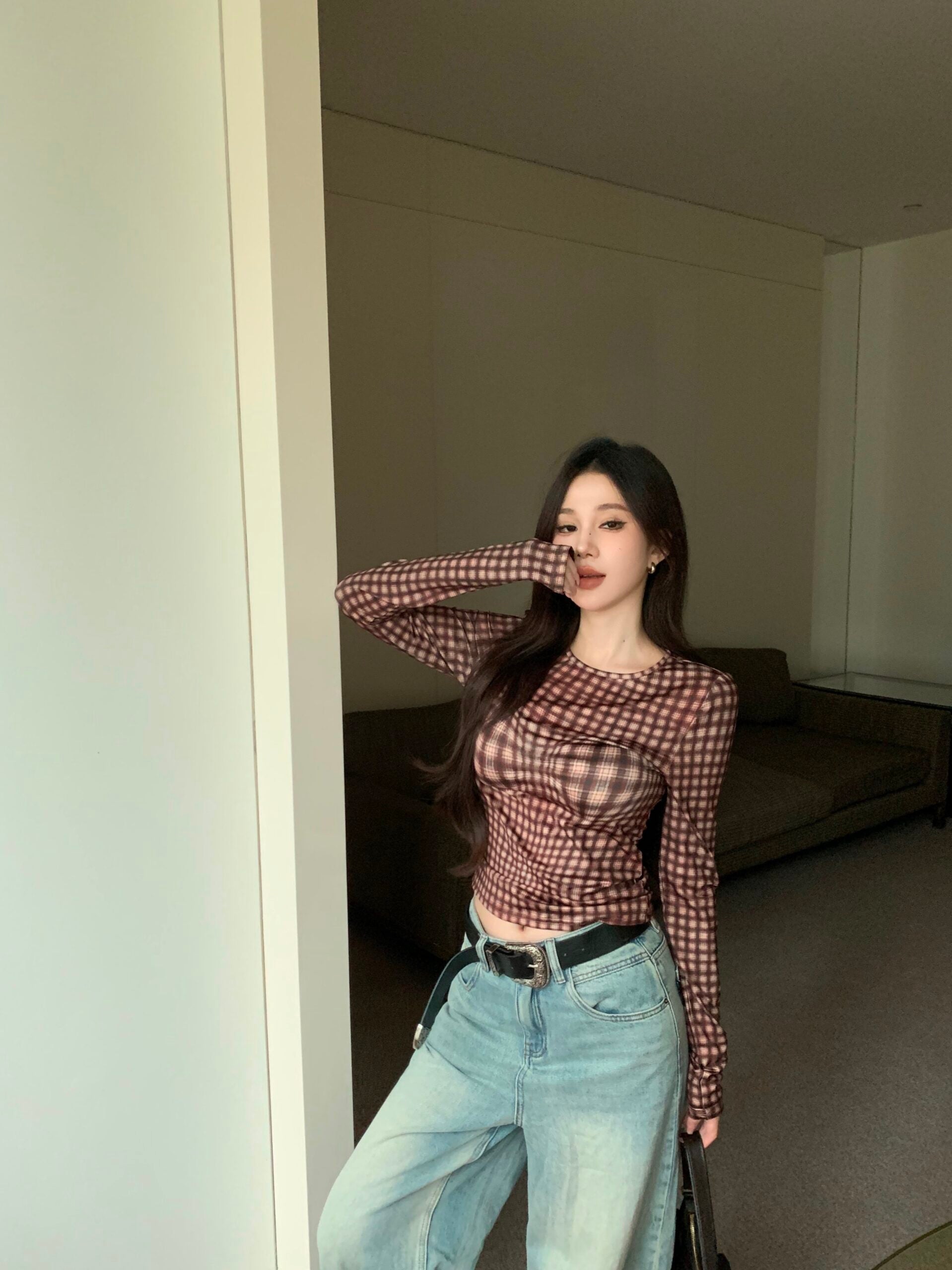 Brown Warped Plaid Sheer Top