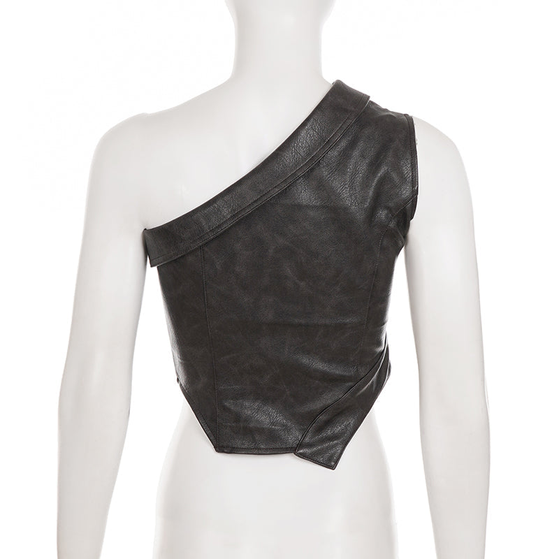 Brown Zipper Accent Faux Leather Top