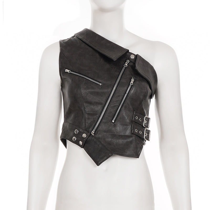 Brown Zipper Accent Faux Leather Top