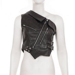 Brown Zipper Accent Faux Leather Top
