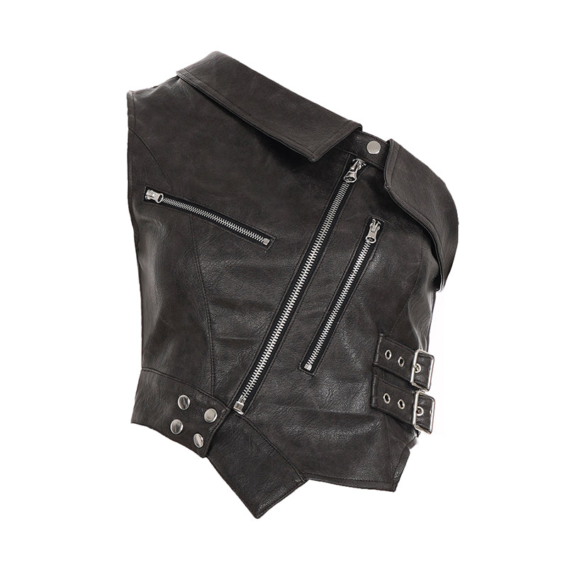 Brown Zipper Accent Faux Leather Top