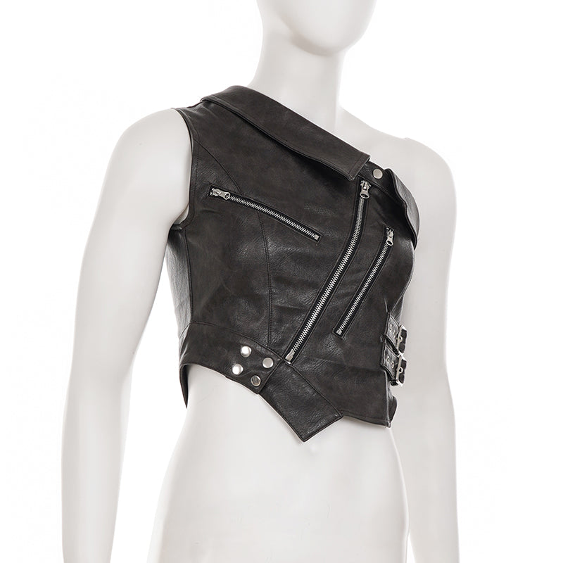 Brown Zipper Accent Faux Leather Top