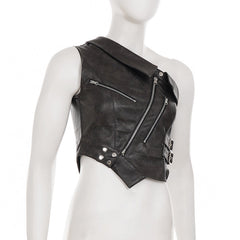 Brown Zipper Accent Faux Leather Top