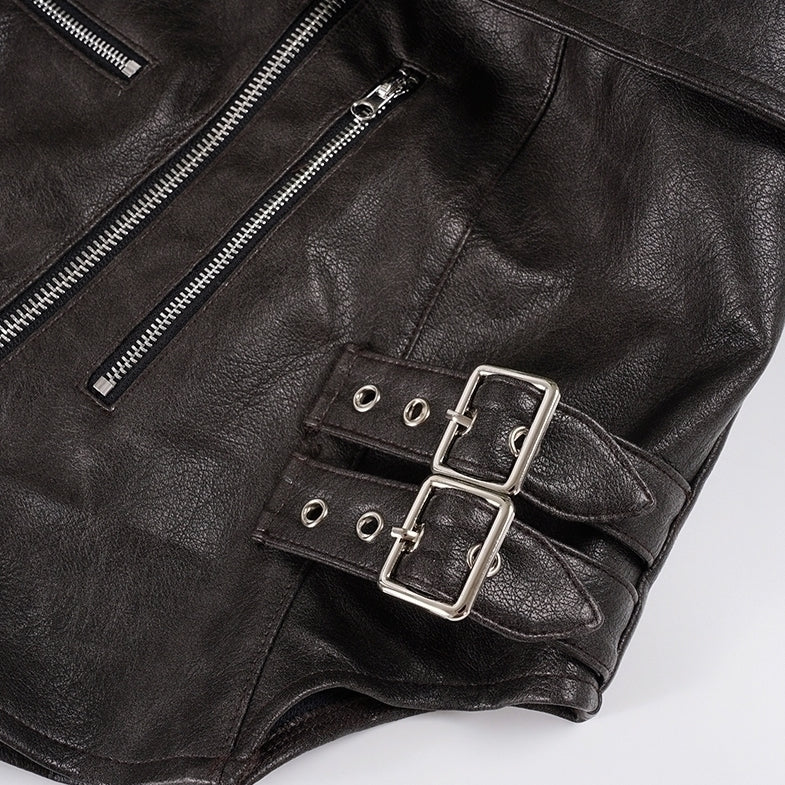 Brown Zipper Accent Faux Leather Top
