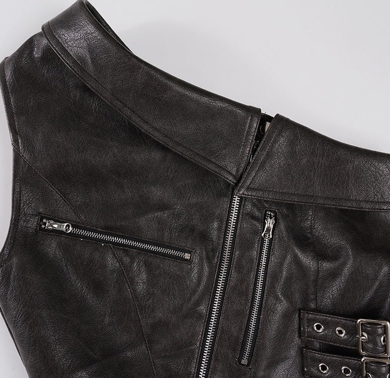Brown Zipper Accent Faux Leather Top
