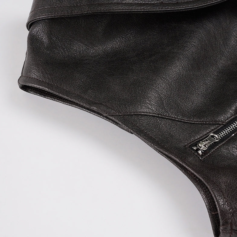 Brown Zipper Accent Faux Leather Top