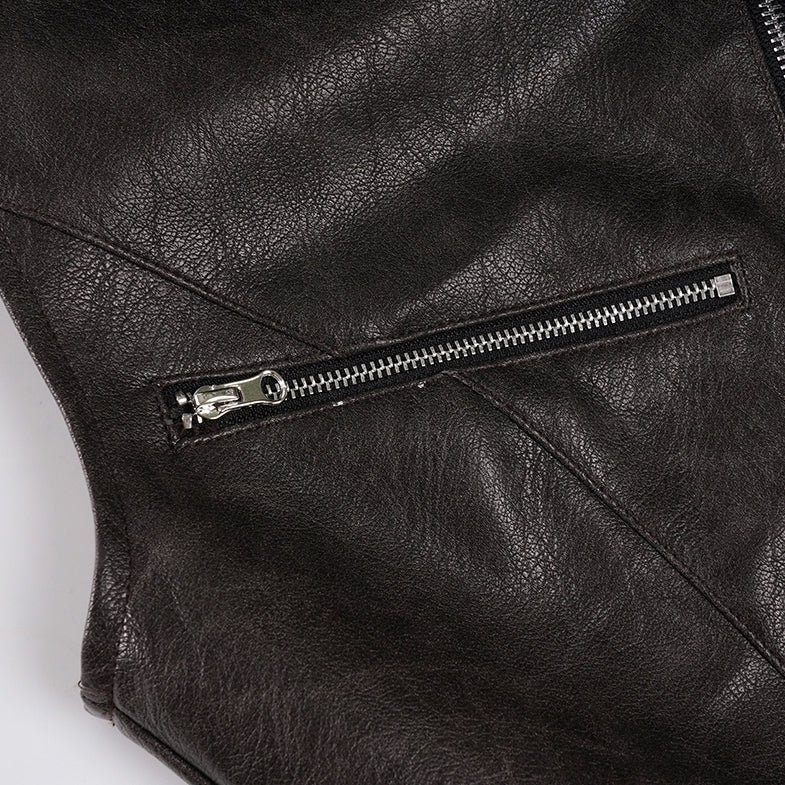 Brown Zipper Accent Faux Leather Top