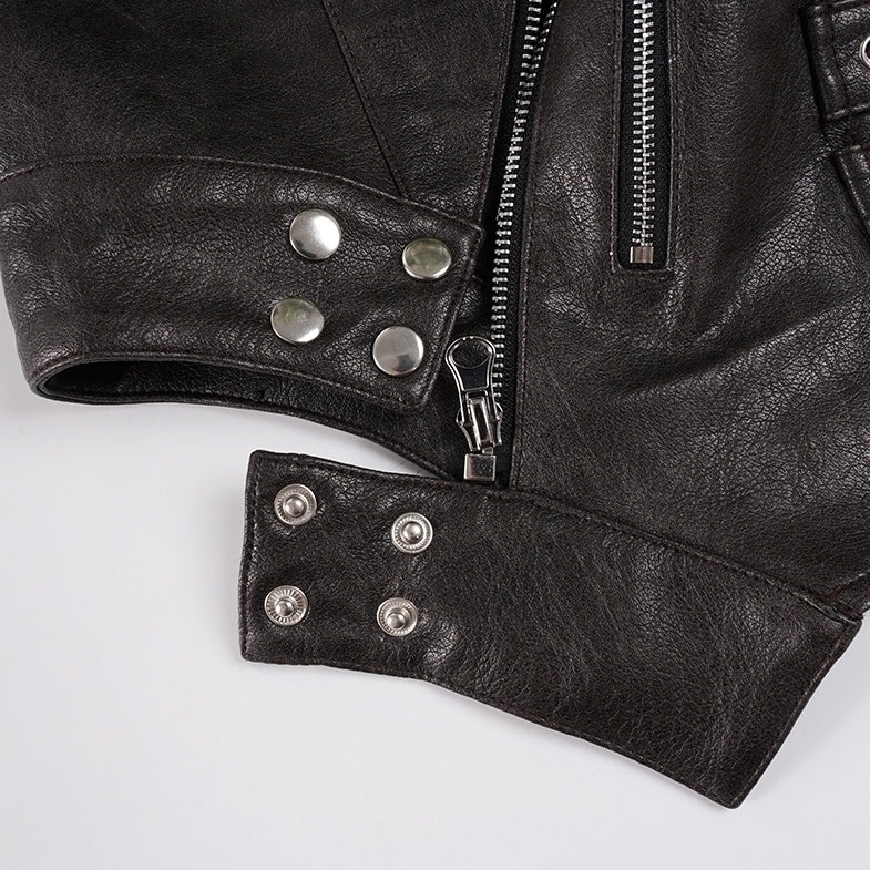Brown Zipper Accent Faux Leather Top