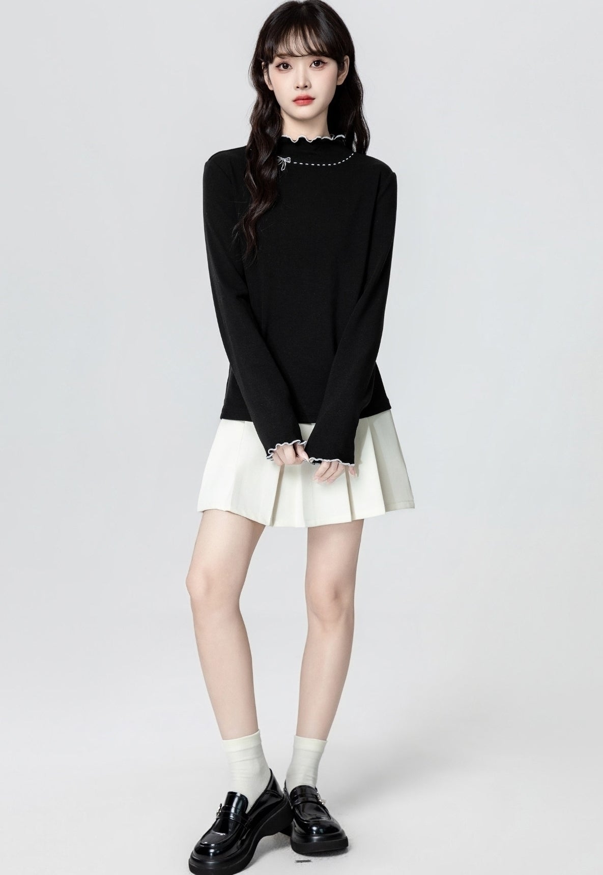 Butterfly Embroidery Mock Neck Long Sleeve Top