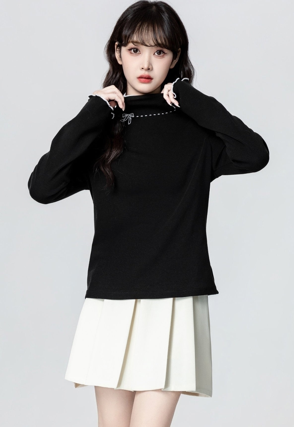 Butterfly Embroidery Mock Neck Long Sleeve Top