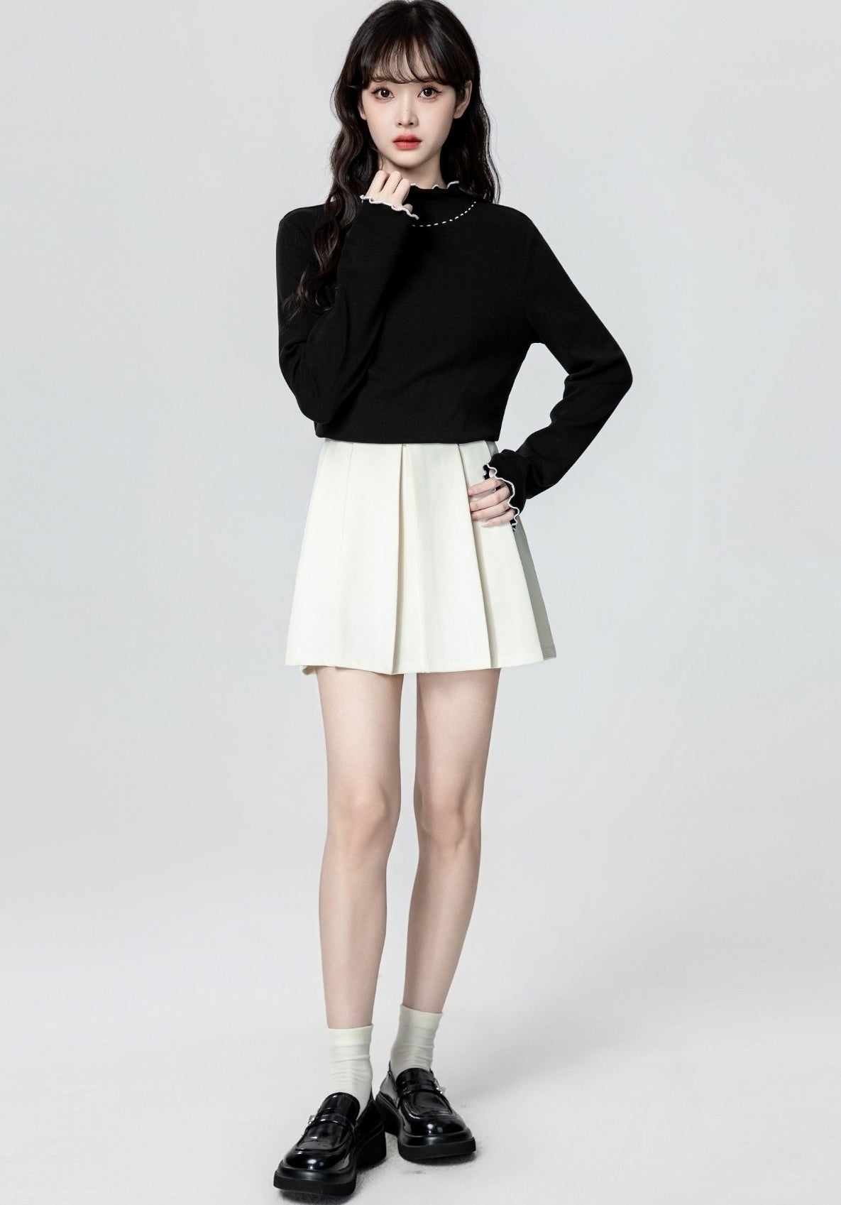 Butterfly Embroidery Mock Neck Long Sleeve Top