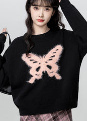 Black Butterfly Crewneck Relaxed Pullover Sweater