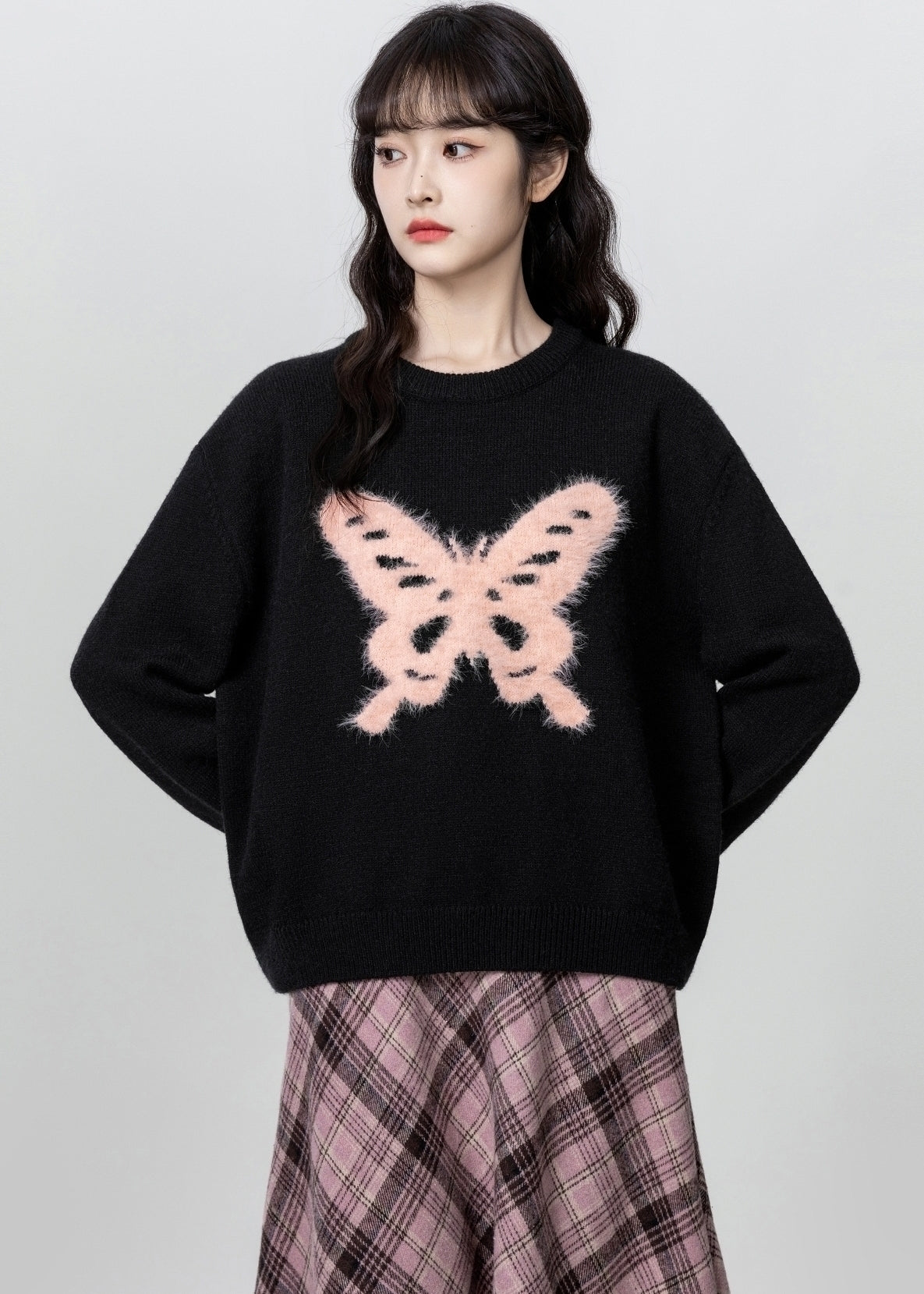 Black Butterfly Crewneck Relaxed Pullover Sweater