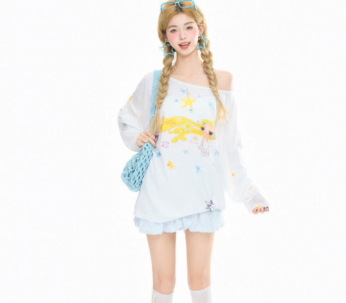 Cartoon Off Shoulder Long Sleeve Top