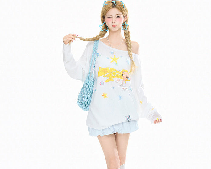 Cartoon Off Shoulder Long Sleeve Top