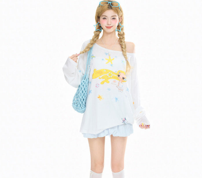 Cartoon Off Shoulder Long Sleeve Top