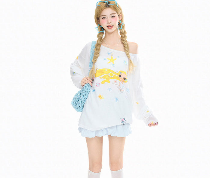 Cartoon Off Shoulder Long Sleeve Top