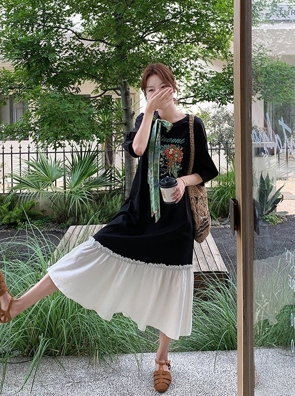 Cartoon Print Patchwork Casual Loose Long Dress