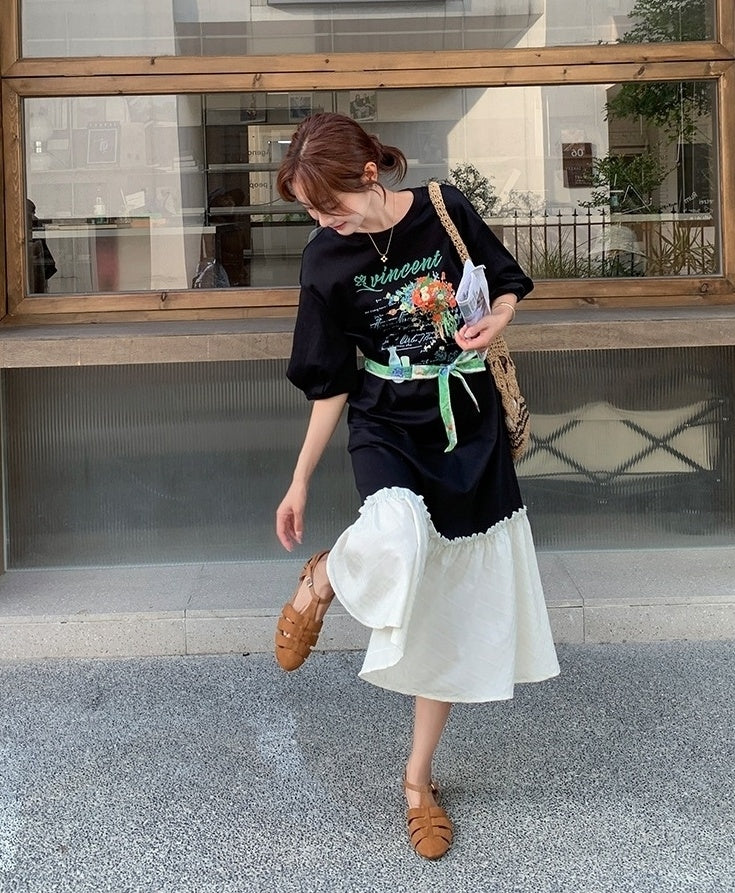 Cartoon Print Patchwork Casual Loose Long Dress