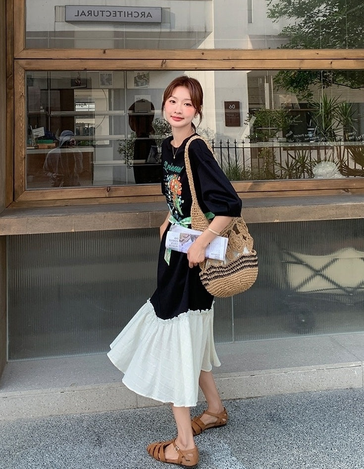 Cartoon Print Patchwork Casual Loose Long Dress