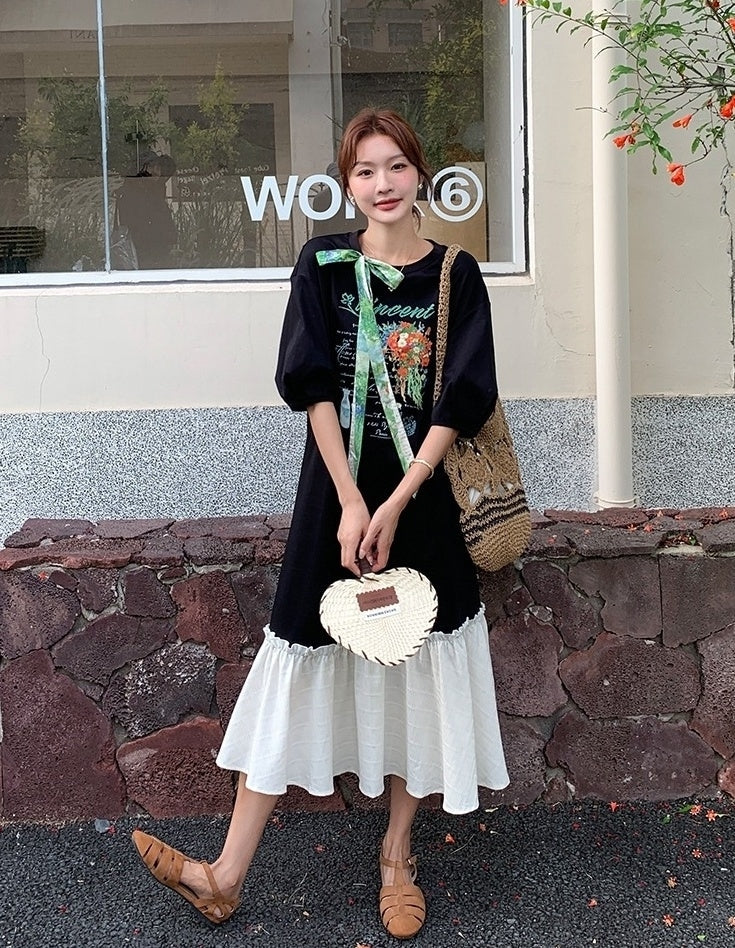 Cartoon Print Patchwork Casual Loose Long Dress