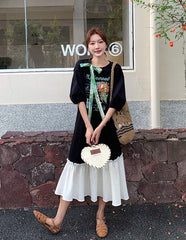 Cartoon Print Patchwork Casual Loose Long Dress