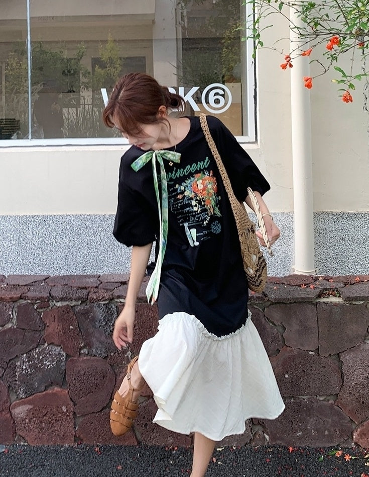 Cartoon Print Patchwork Casual Loose Long Dress