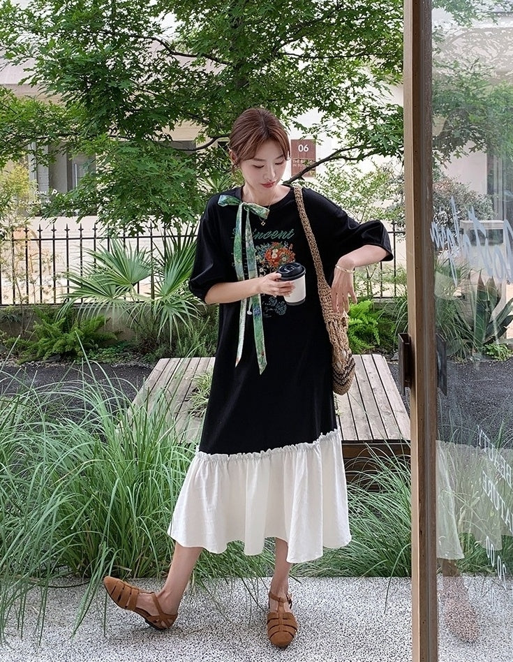Cartoon Print Patchwork Casual Loose Long Dress