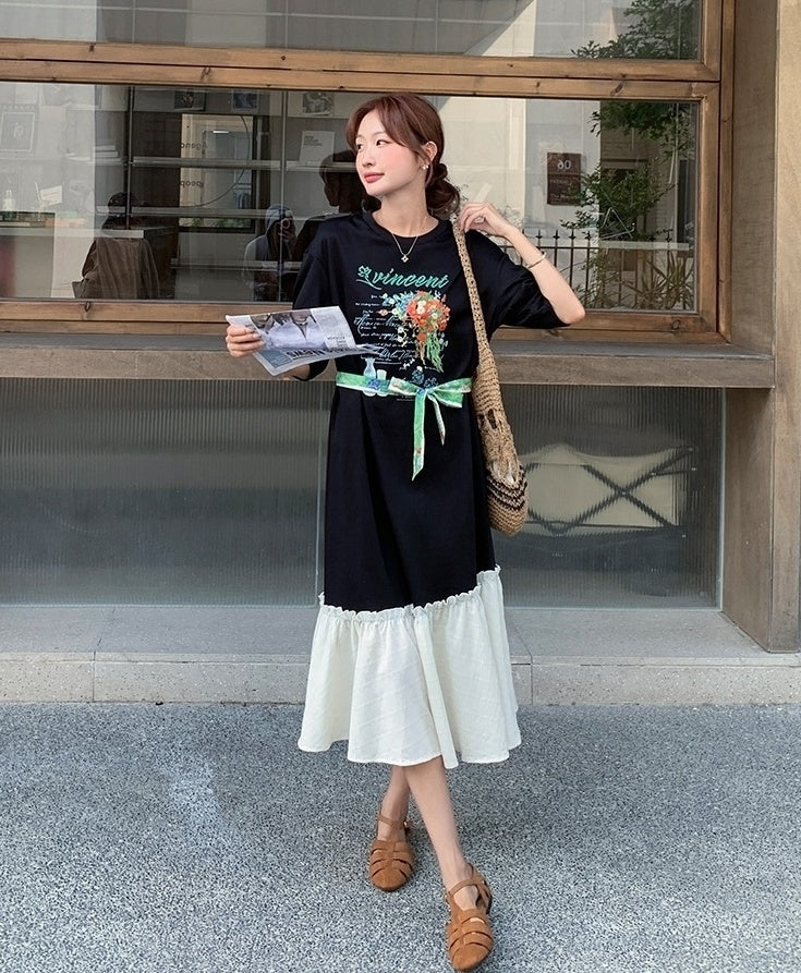 Cartoon Print Patchwork Casual Loose Long Dress