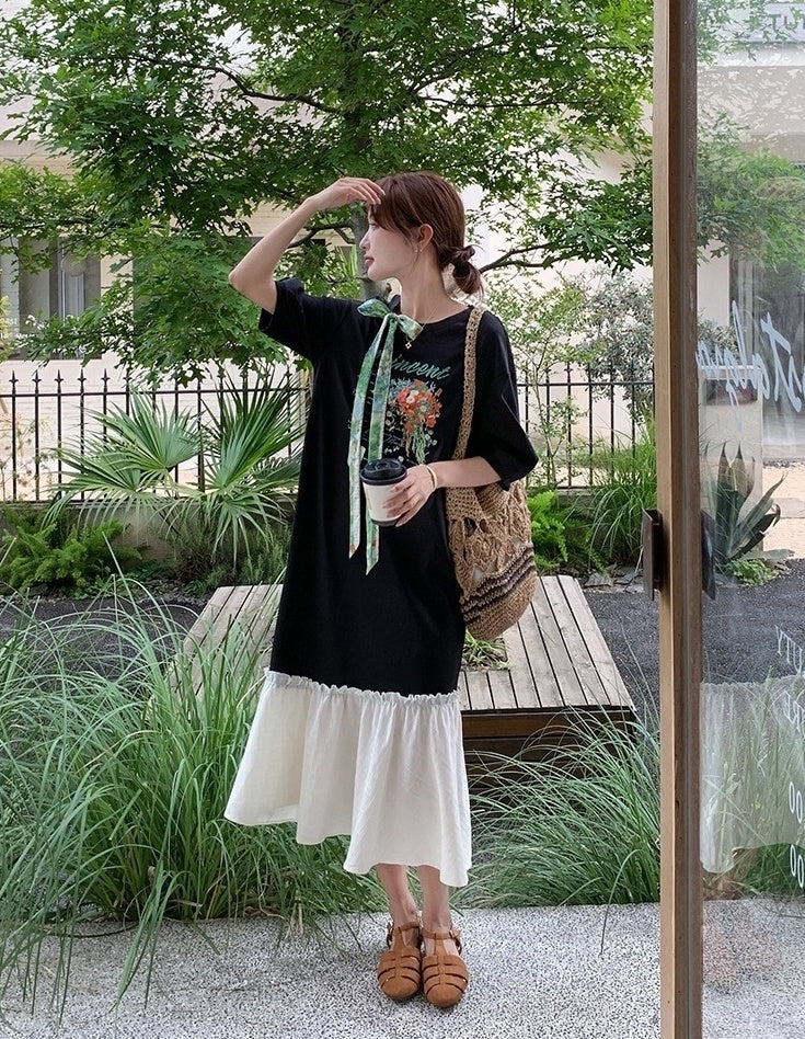 Cartoon Print Patchwork Casual Loose Long Dress