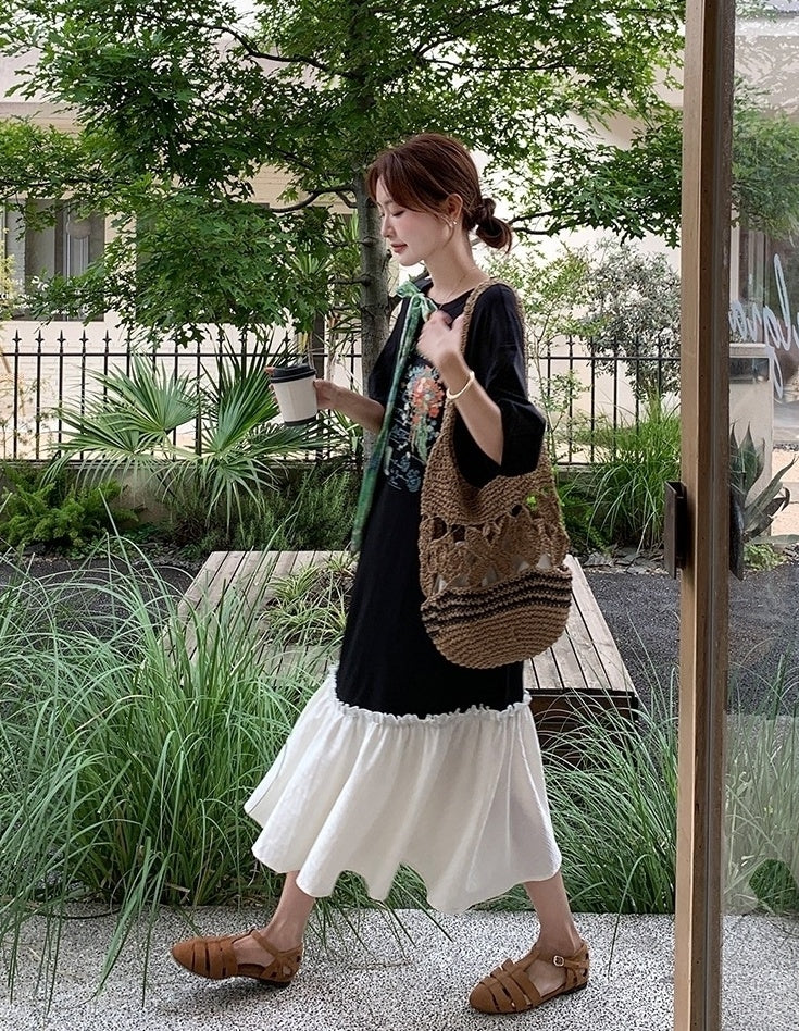 Cartoon Print Patchwork Casual Loose Long Dress