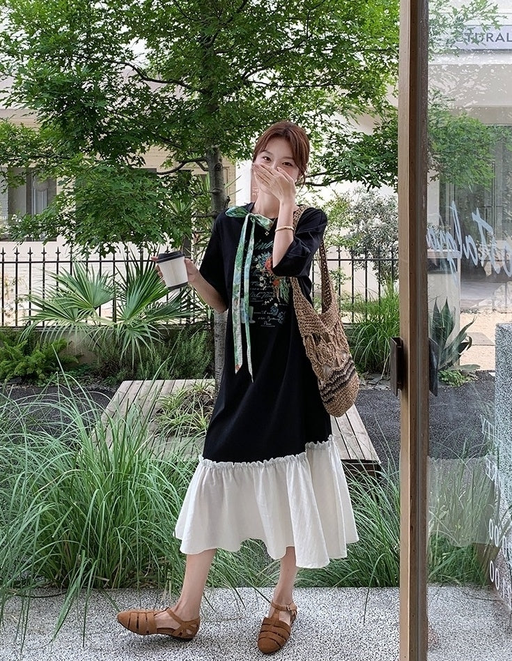 Cartoon Print Patchwork Casual Loose Long Dress