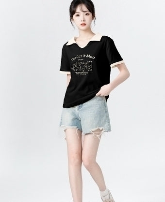 Cartoon Print Polo Collar Short Sleeve Shirt